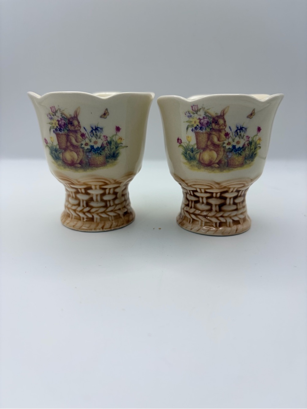 Vintage Bunny & Basket Ceramic Egg Cups - Floral Design - Set of 2